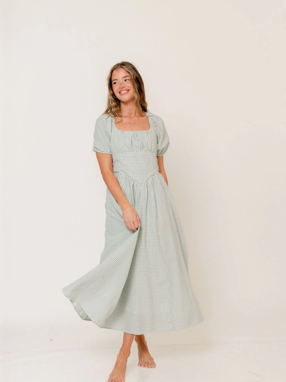 Briana Gingham Basque Puff Sleeve Maxi Dress in Lily Pad Green
